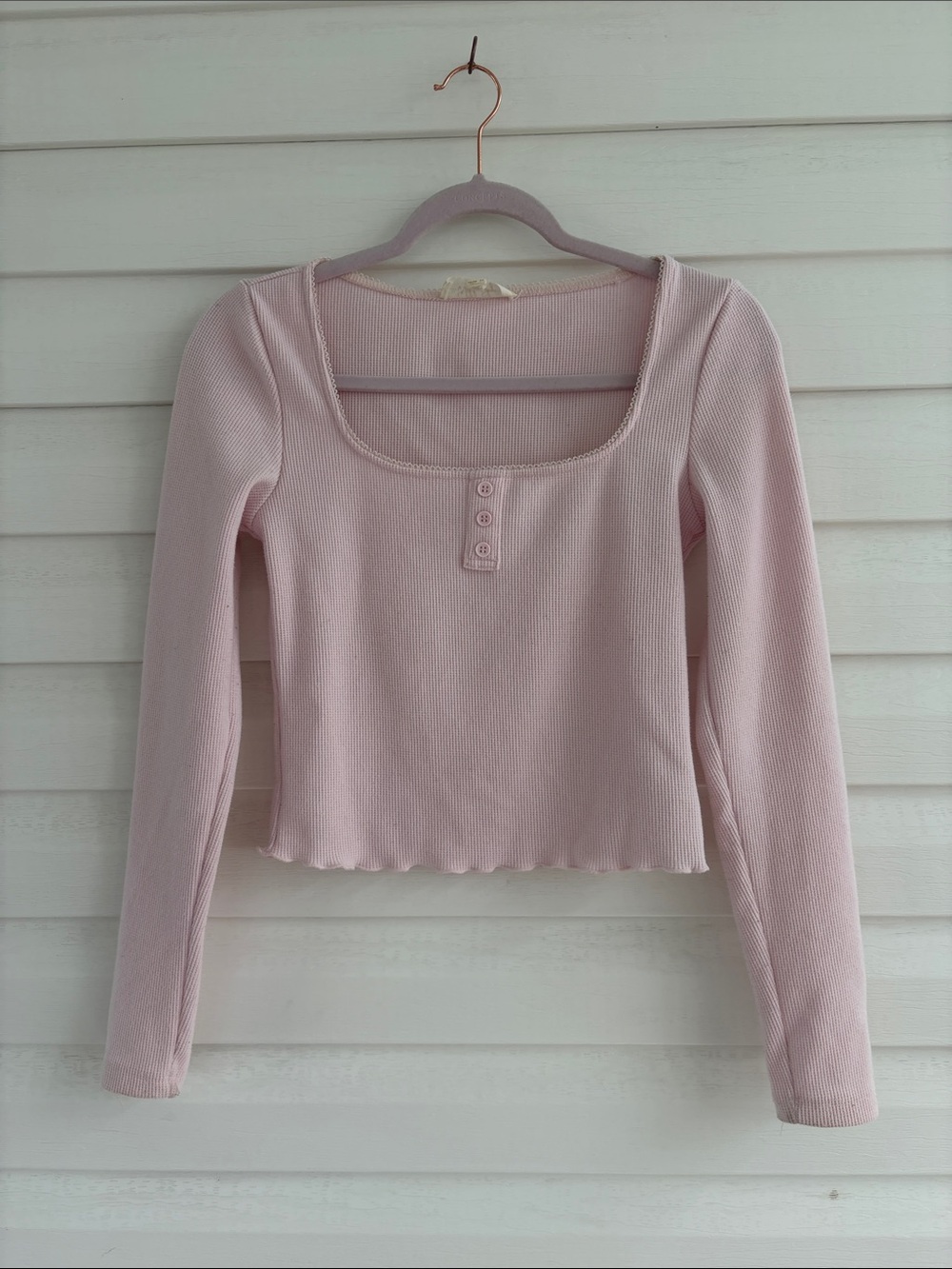 Wild Skye Pink Waffle Knit Henley Crop Top S Long Sleeve Square Neck Y2K